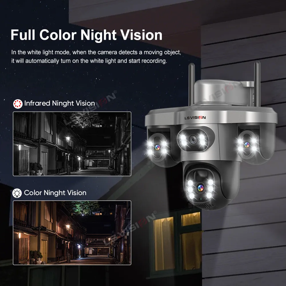 กล้องวงจรปิด LS VISION หลายเลนส์ 3 จอ Wifi กล้องรักษาความปลอดภัยพลังงานแสงอาทิตย์กลางแจ้ง กล้องพาโนรามา ตรวจสอบผ่านมือถือ พร้อมไซเรนเตือนภัย กล้องวงจรปิดพลังงานแสงอาทิตย์