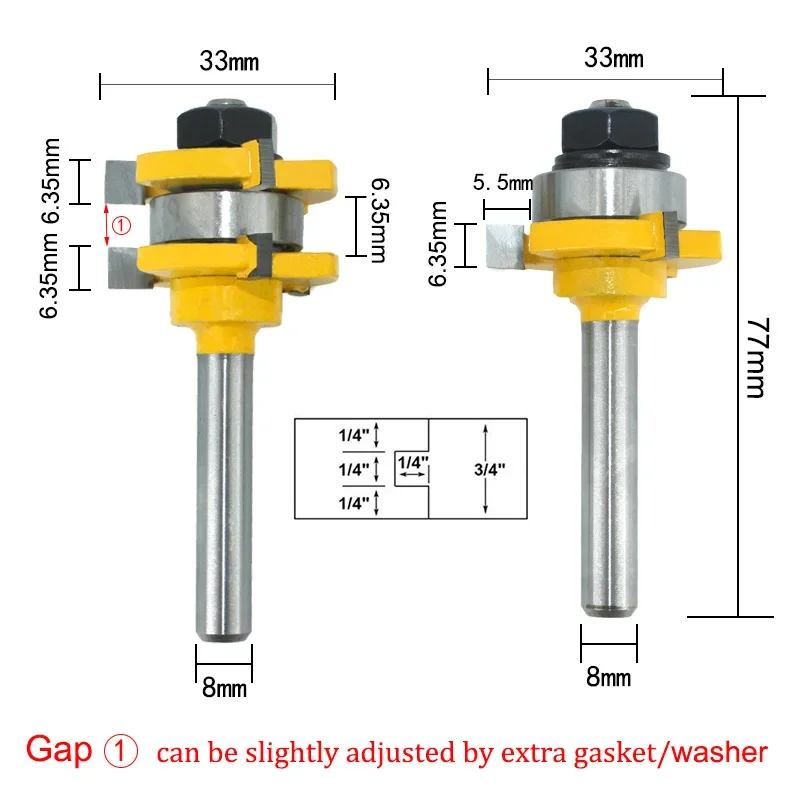 2PC/Set 8MM Shank Milling Cutter Wood Carving Joint Assemble Router Bits Tongue & Groove T-Slot Milling Cutter for Wood Woodwork