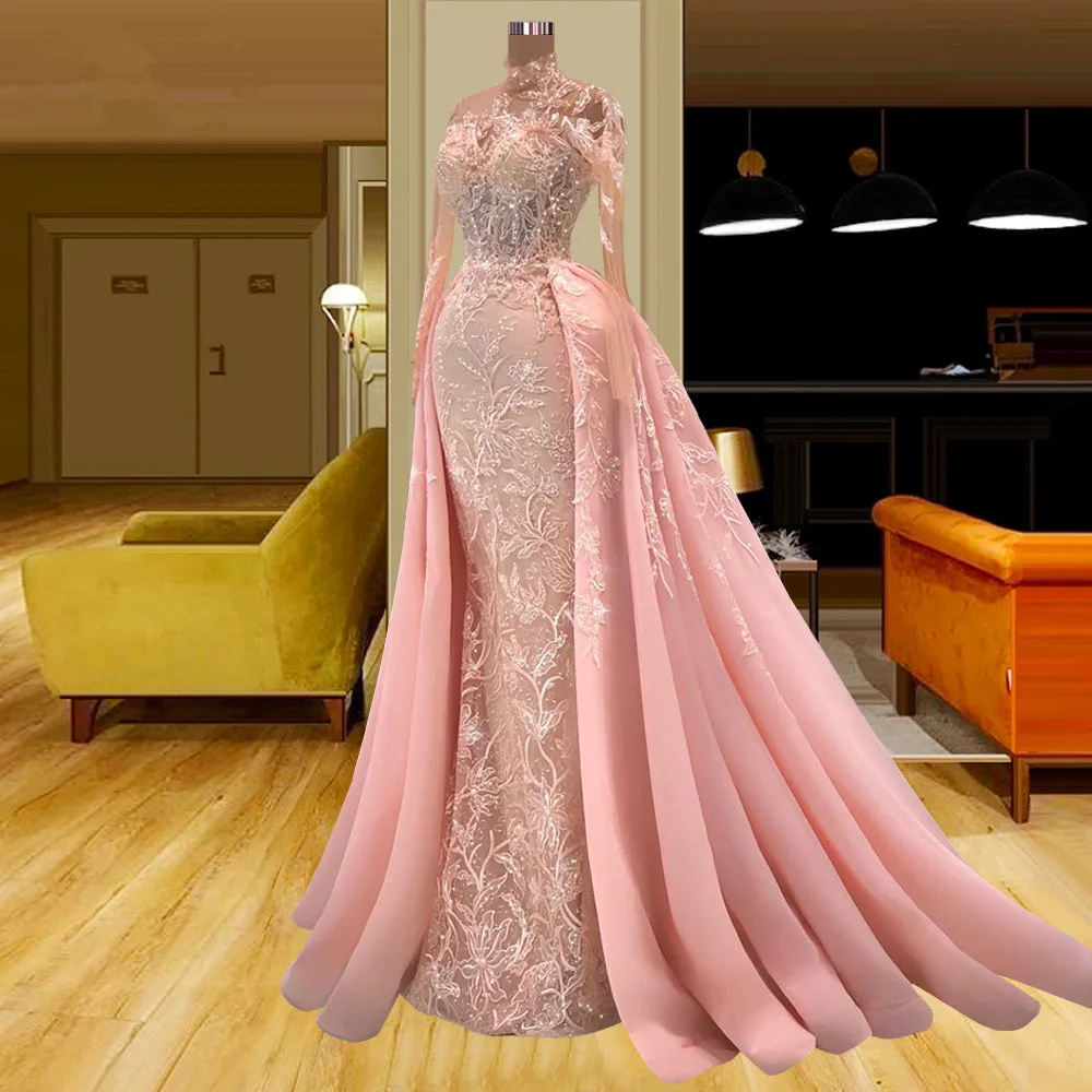 Pink Prom Dresses Mermaid Long Sleeves Appliques Pearl Long Dubai Saudi Arabia Prom Gown Evening Robe De Soiree Haute Customized