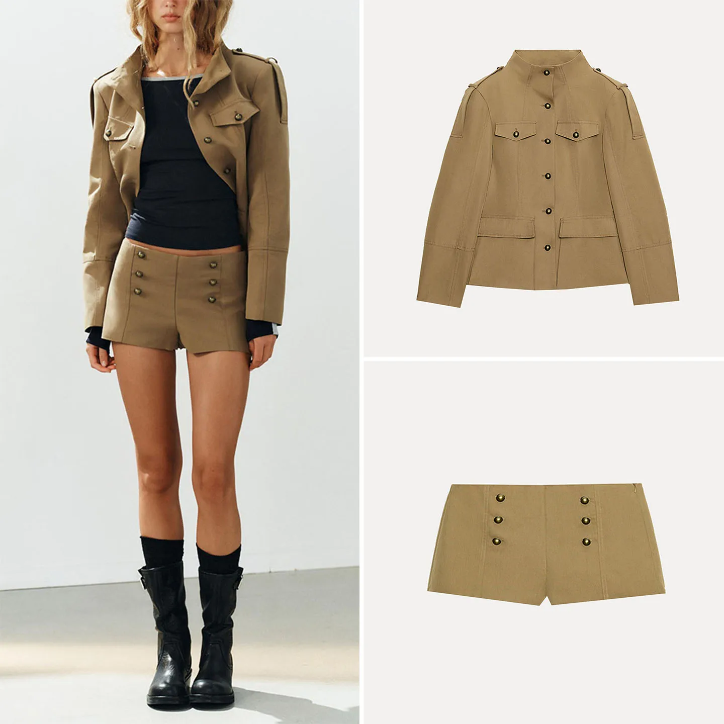 Women's Fashion Slim Fit Long Sleeve Stand Collar Pocket Coat High Waist Checkered Button Short Pants Two Piece Set Autumn Se...