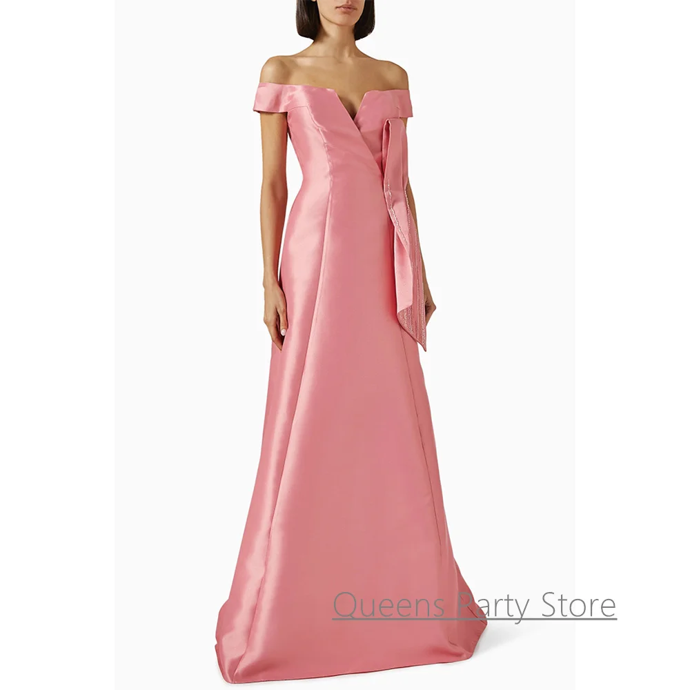 Hot Simple Evening Dress Customized Off Shoulder Small V Neck Beading Bow Saudi Arabian Prom Gown Arab Party Dresses