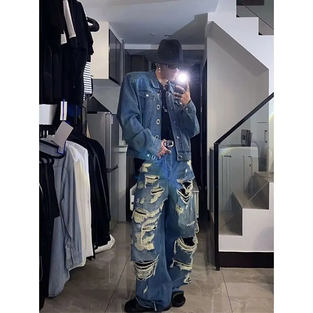 Retro männer Casual Gerade Ripped Loch Gewaschen Jeans Koreanische Mode Lose Blau Denim Bodenlangen Hosen