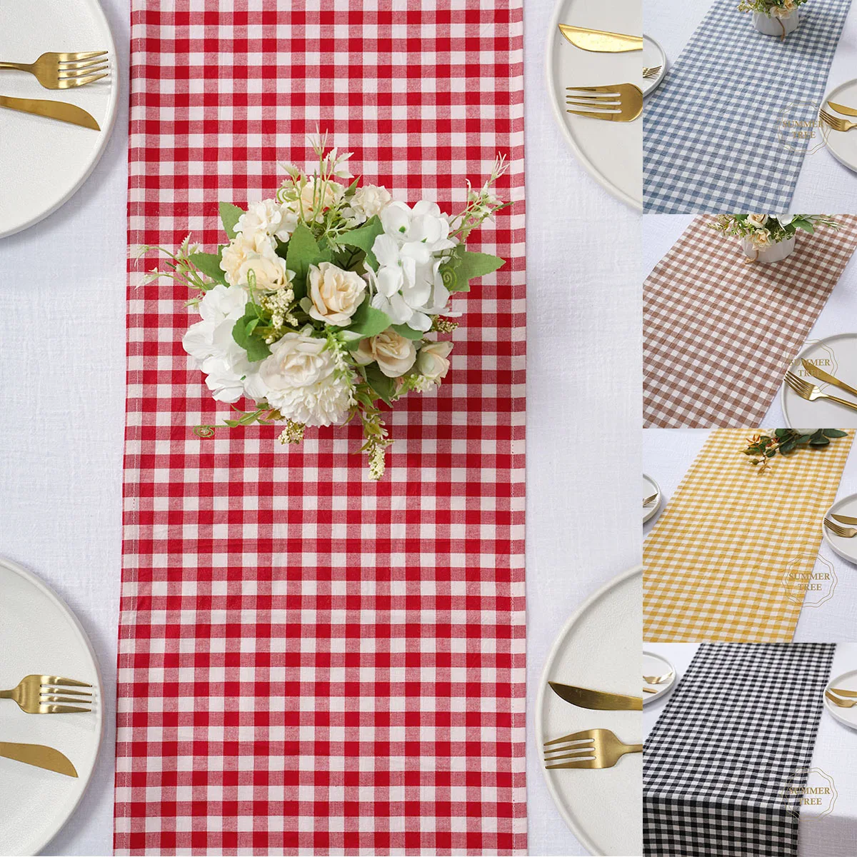 Rustic Plaid Cotton Table Runner Gingham Checkered Washable Table Linens Farmhouse Kitchen Decor for Wedding Dinner Party