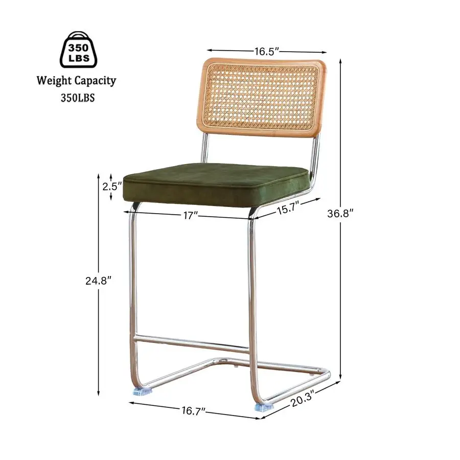 Rattan Bar Stools Set of 3 with Solid Wood Back, 24 Inch Mid Century Modern Counter Height Stools, Green Upholstery Boho Stool