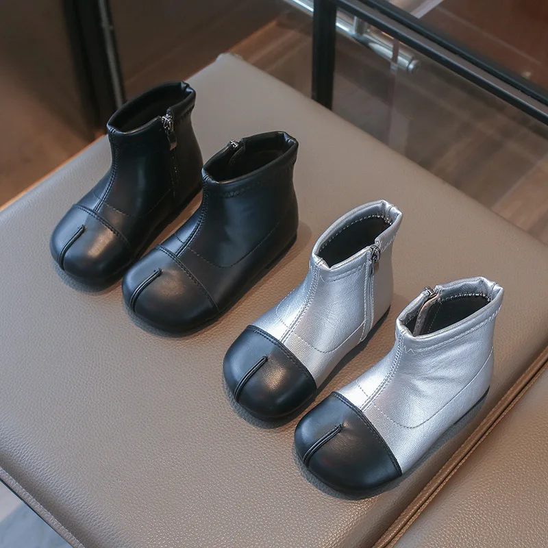 Autumn Winter Children's Boots Fashion Simple Style Girl's Ankle Boot Causal Versatile Black Kid Short Leather Boots Side Zipper