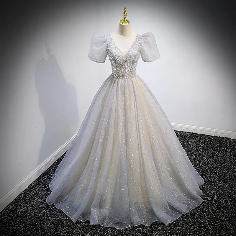 Formelles Abendkleid elegante V-Ausschnitt kurze Puff ärmel A-Linie Ballkleid funkelnde Pailletten zurück Schnürung boden lange Abendkleider