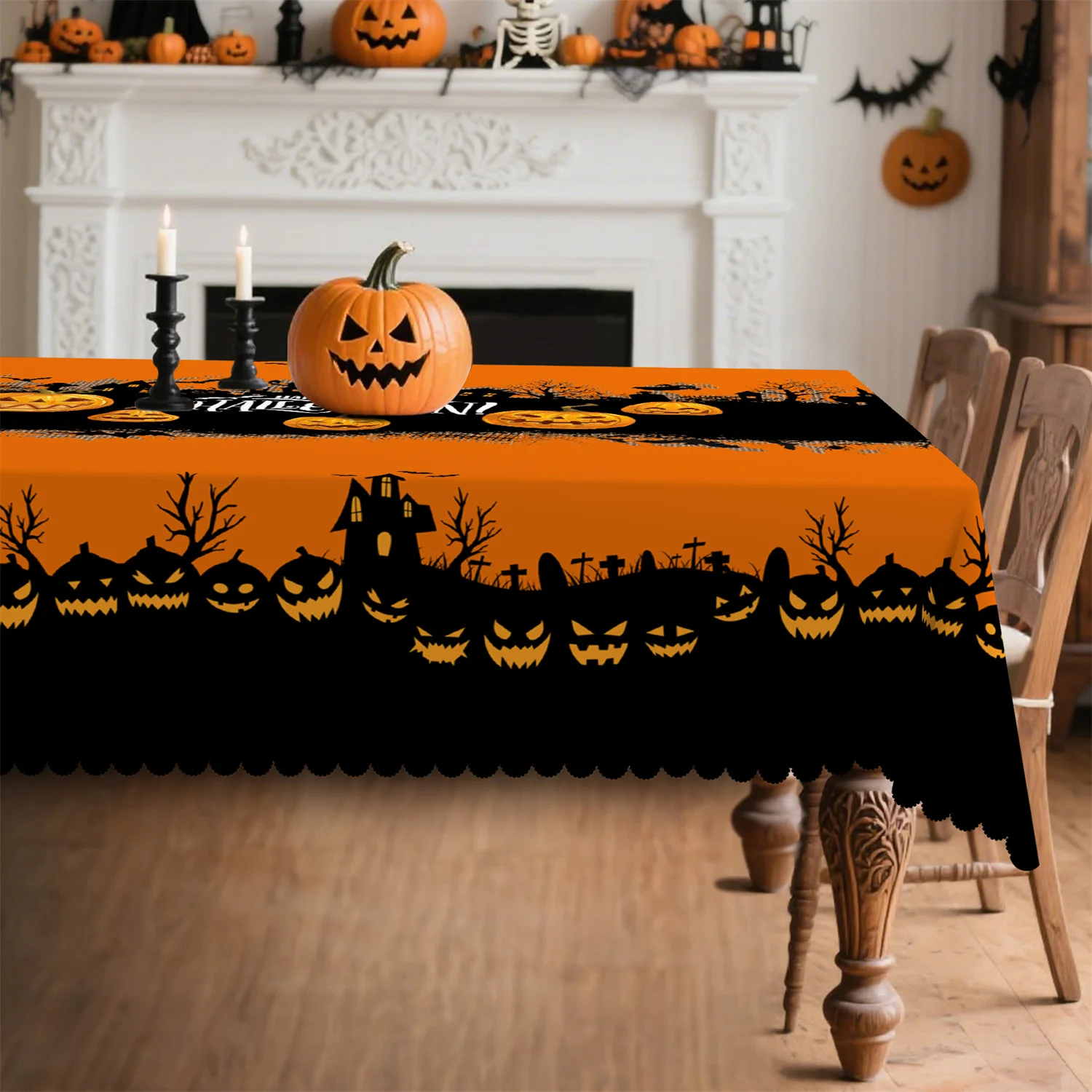 Pumpkin lantern tombstone castle with dead tree Halloween tablecloth - 1 set for indoor usezyc