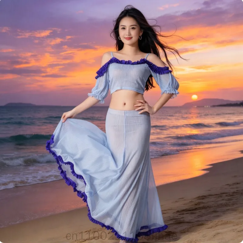 New Belly Dance Practice Dress for Beginners, Long Skirt, Flower Fairy Set, Autumn/Winter Edition for Stage Group Performance