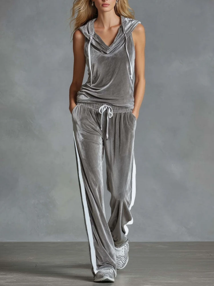 

Women’s Set 2 Piece Sleeveless Hooded Top Long Pants Color Block Velvet Casual Summer Tracksuit Sportswear Suit for Women