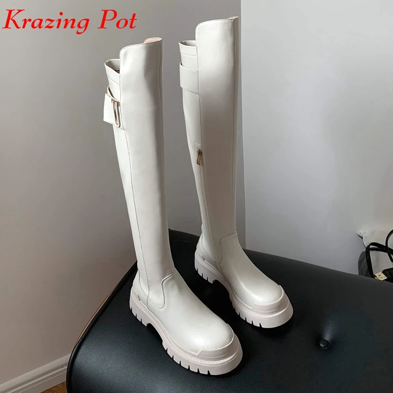 Krazing Pot High Quality Cow Leather Flat Platform Ins Stretch Thigh High Boots Round Toe Winter Shoes Zip Over-the-knee Boots