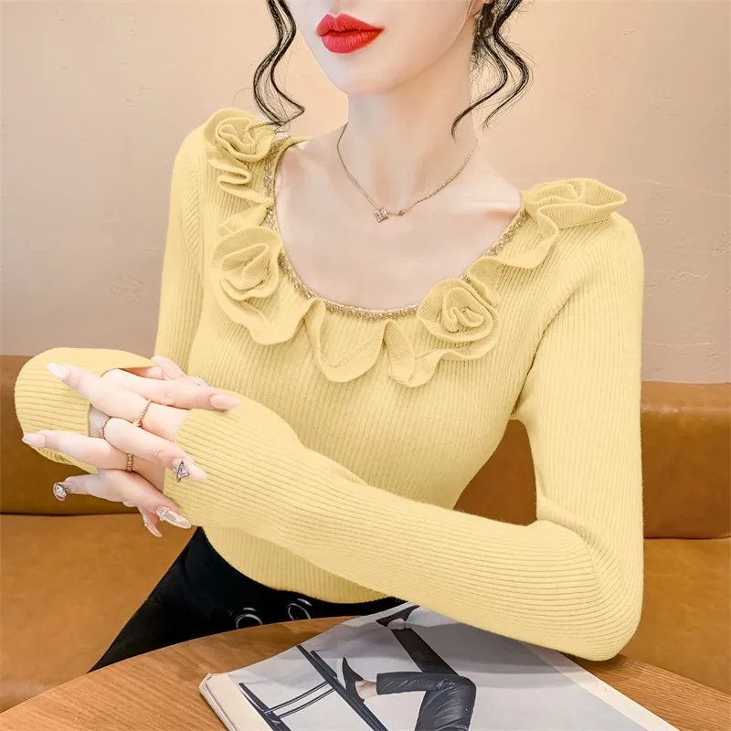 Doce emenda de madeira orelha longa sve camisola de malha feminina início do outono fino gola quadrada base irt único bonito topo