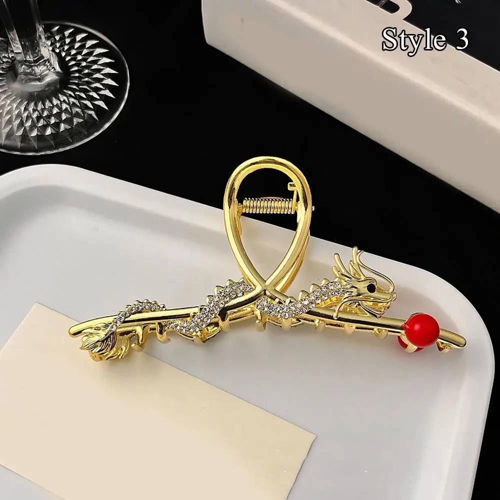 Red Bead Shiny Alloy Crab Clip Hairpin Chinese Dragon Year Hair Clip Chinese Style Hair Accessories Fashion 2024 DIY Retro 1PCS