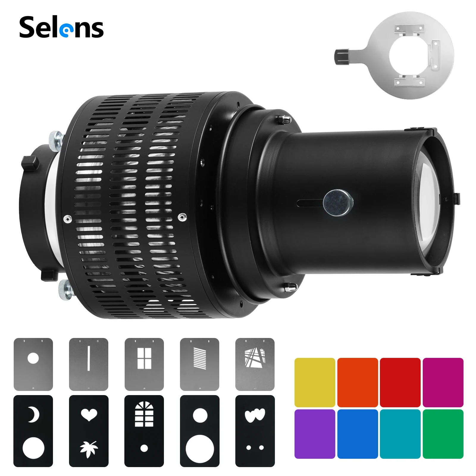 

Selens Snoot Прожектор Фокусирующая вспышка Оптический световой эффект Стробоскоп с гелевой и полыми картами для крепления Bowens Студийное освещение