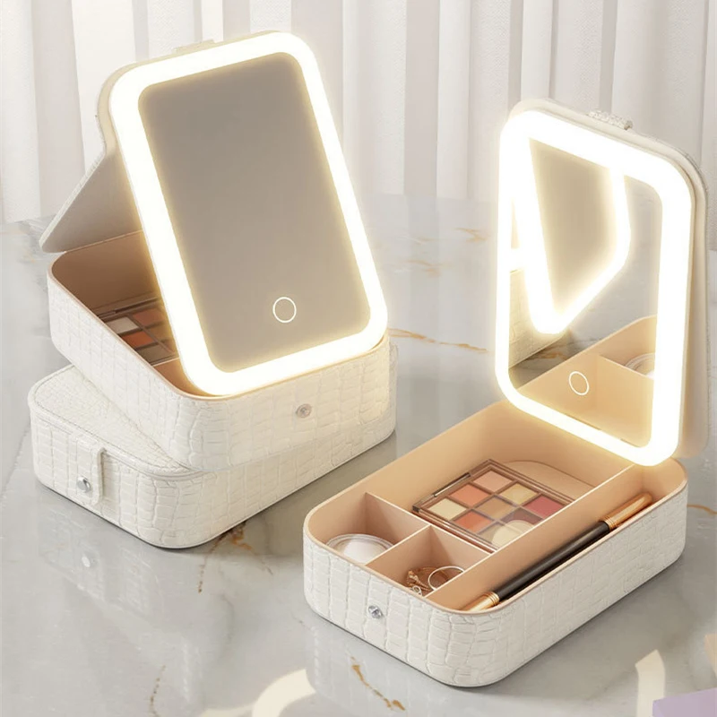 Scatola portaoggetti per trucco con specchio a LED Custodia per cosmetici illuminata Borsa per cosmetici Scatola portaoggetti per trucco di grande