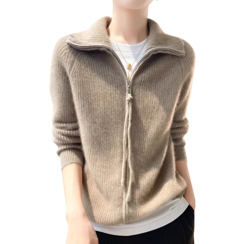 سترة نسائية 2025 سترات بسحاب للخريف والشتاء سميكة ودافئة وياقة مقلوبة سترة محبوكة كورية متينة #5