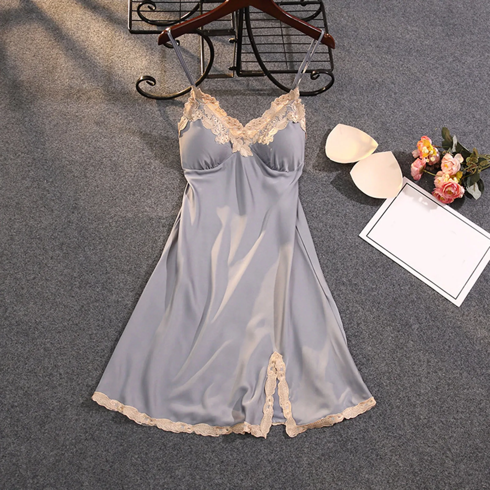 Women Nightdress Thin Sexy Suspender Ice Silk Women Pajamas Lace Home Negligee Nightwear Lingerie Chest Pad Homewear Sleepwear