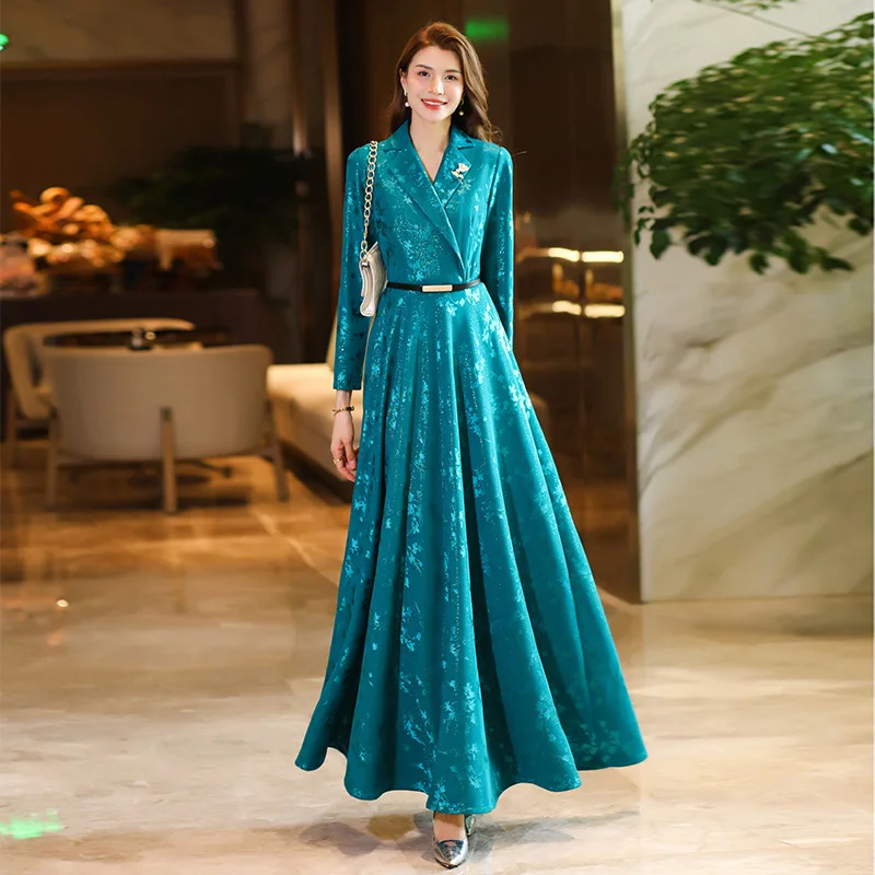 

New Women Lake Blue Long Dress Spring Autumn Elegant Fashion Print V-Neck Long Sleeve Slim Dress Simplicity Overlength Dress