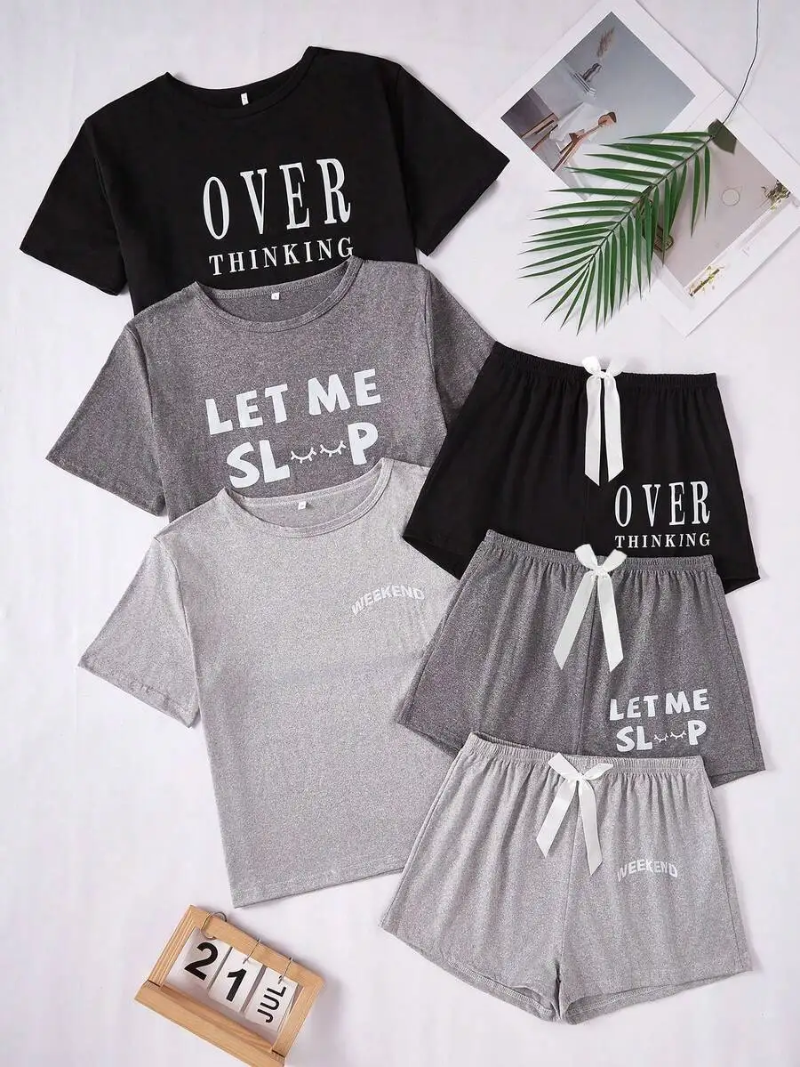 

3-Piece Letter Print Casual Short Sleeve T-Shirt and Shorts Pajama Set