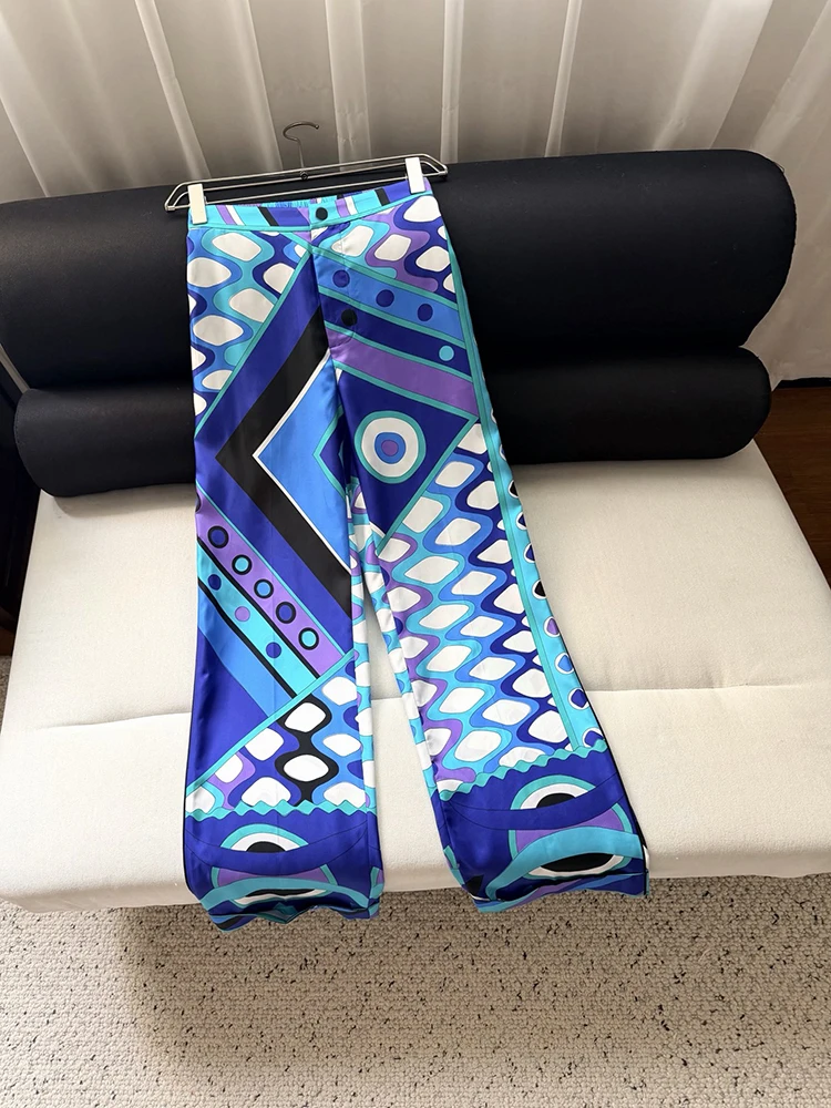 Spring Summer Fashion Outdoors Daily Casual Vintage Print Pencil Trousers Women's Middle Waist Pockets Straight Barrel Pants