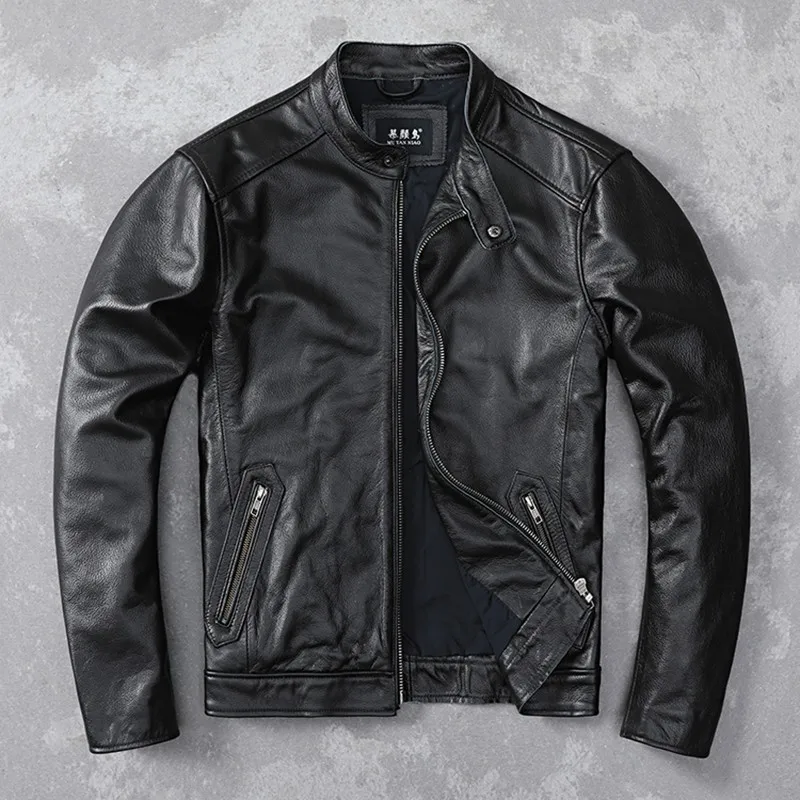 

Classic Biker ort Pure Leather Jaet Top Layer Cowhide Stand Collar Men's Faion Urban Sle Casual Long Sve Zipper