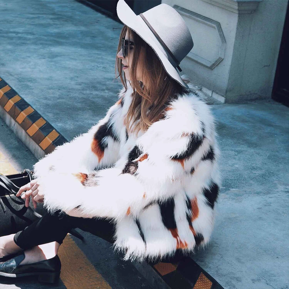 Women Mixed Color Animal Print Faux Fur Coat Female Long Sleeve Short Jacket 2022 Spring Autumn New Style Winter Coat Women