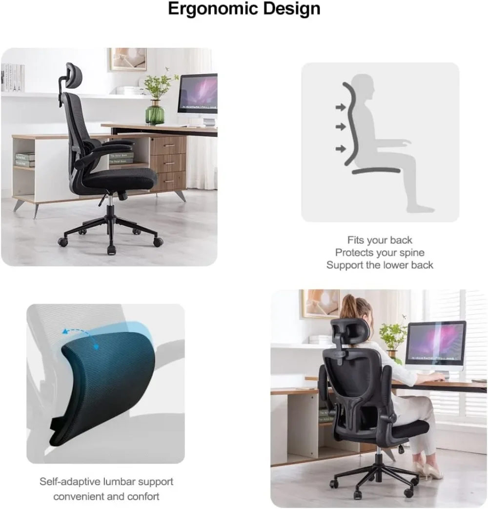 Silla de oficina ergonómica ajustable en altura con soporte Lumbar, silla de ordenador de malla transpirable, espalda alta, tarea giratoria