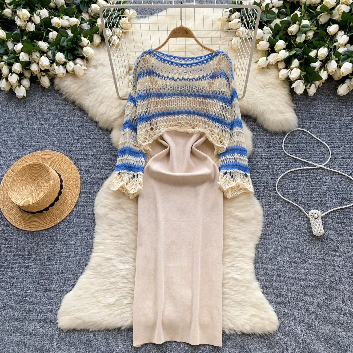 Sexy cut out Striped lool sleeve Knit Two Pieces Sets Chic Top with slip dresses Casual Beach Vacation Sets