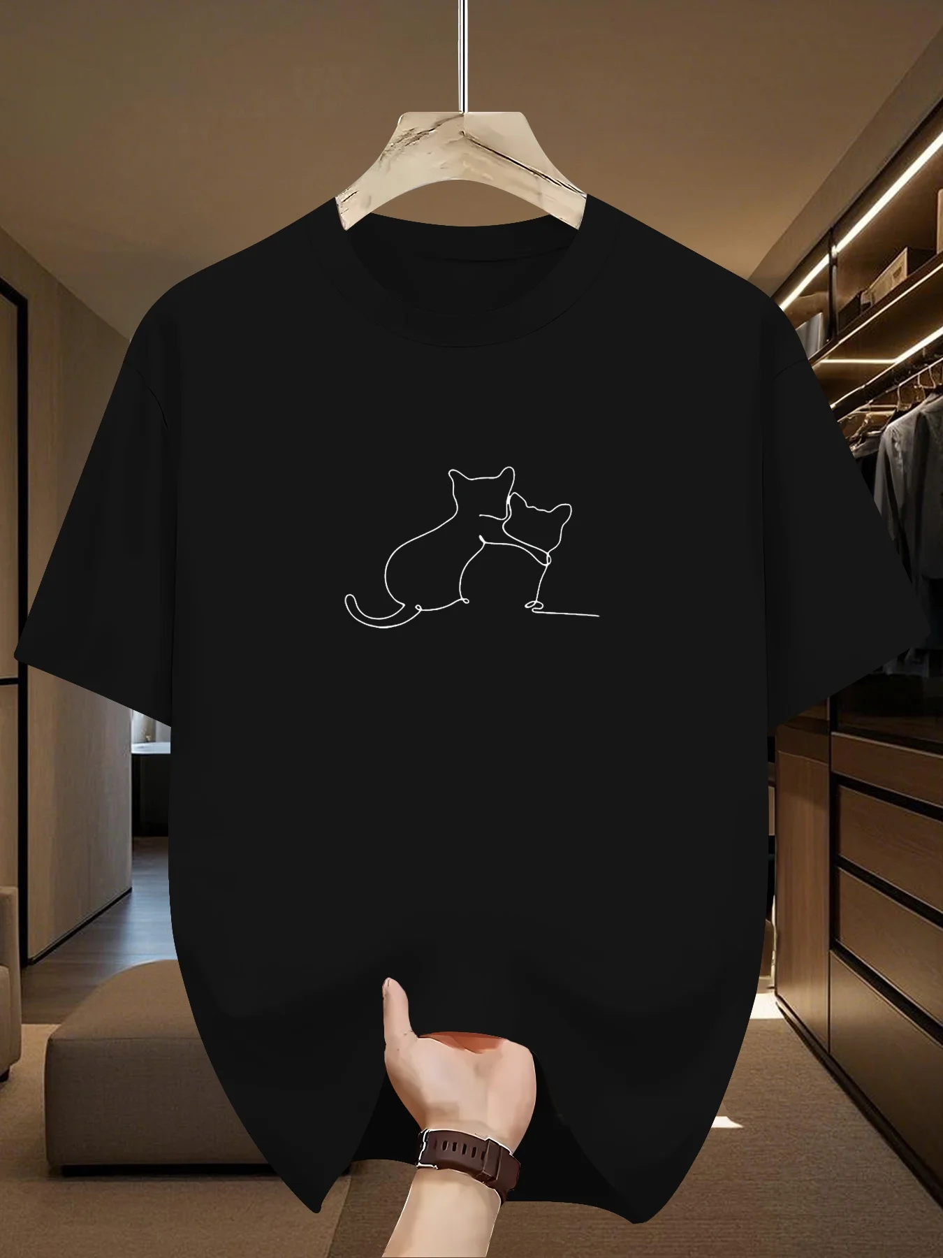Hugging Cats Line Art Tee T Shirt Men Women Short Sleeve Minimalist Pet Print Crew Neck Cotton Daily Casual Tee
