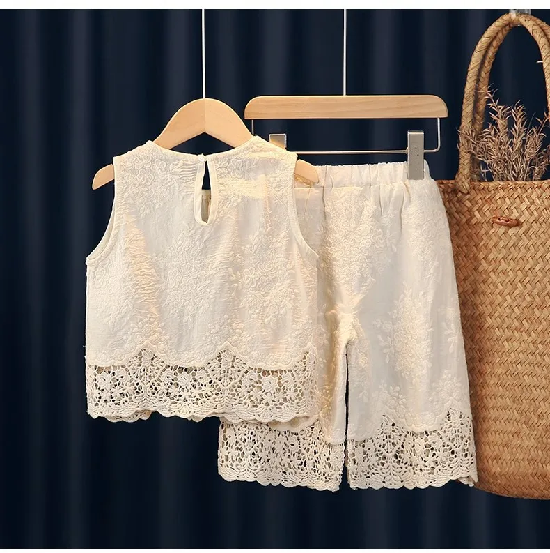2025 Summer New Baby Girl Sleeveless Clothes Set Infant Girl Lace Vest + Pants 2pcs Suit Hollow Out Breathable Toddler Outfits