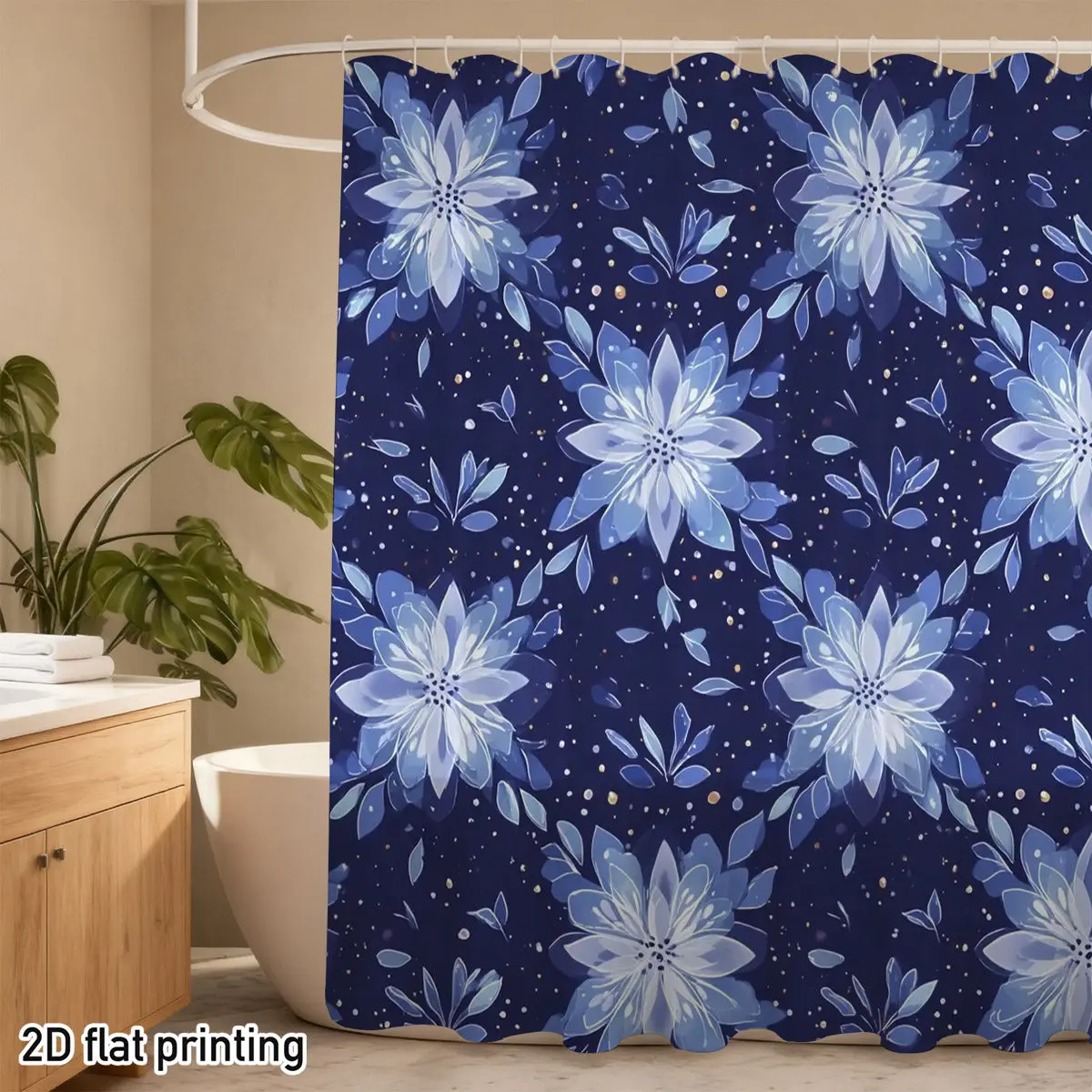 

Deep Blue Floral Pattern Shower Curtain Bathroom Decor Tapestry Waterproof Washable Luxury Design Art Print