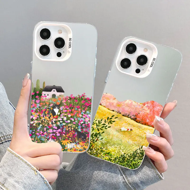 

Fresh Countryside Scenery Girl Laser Phone Case For iphone 16 15 14 Pro Max Plus 17 Pro Max 13 Mini 11 12 Pro Max Cover Fundas