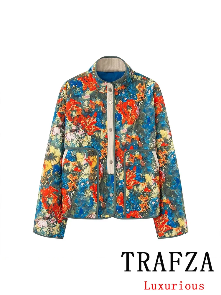 

TRAFZA повседневное женское пальто с принтом и круглым вырезом, с длинным рукавом, однобортные прямые топы, новая мода, осень 2025, женское праздничное пальто