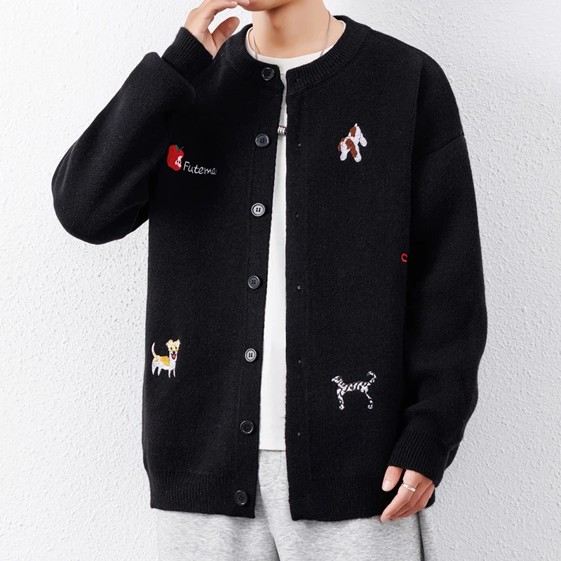 Hochwertige Herbst-Winter-Strickjacke, neue Mode, Herren-Rundhals-Luxusmarke, Cartoon-Stickerei, koreanischer lässiger Pullover-Mantel – Detail 5