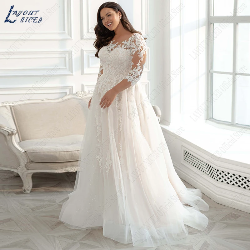 LAYOUT NICEB Eleagnt Wedding Dress Plus Size 3/4 Sleeves Glitter Tulle Lace Applique Vestido De Noiva Bride Women Modest New