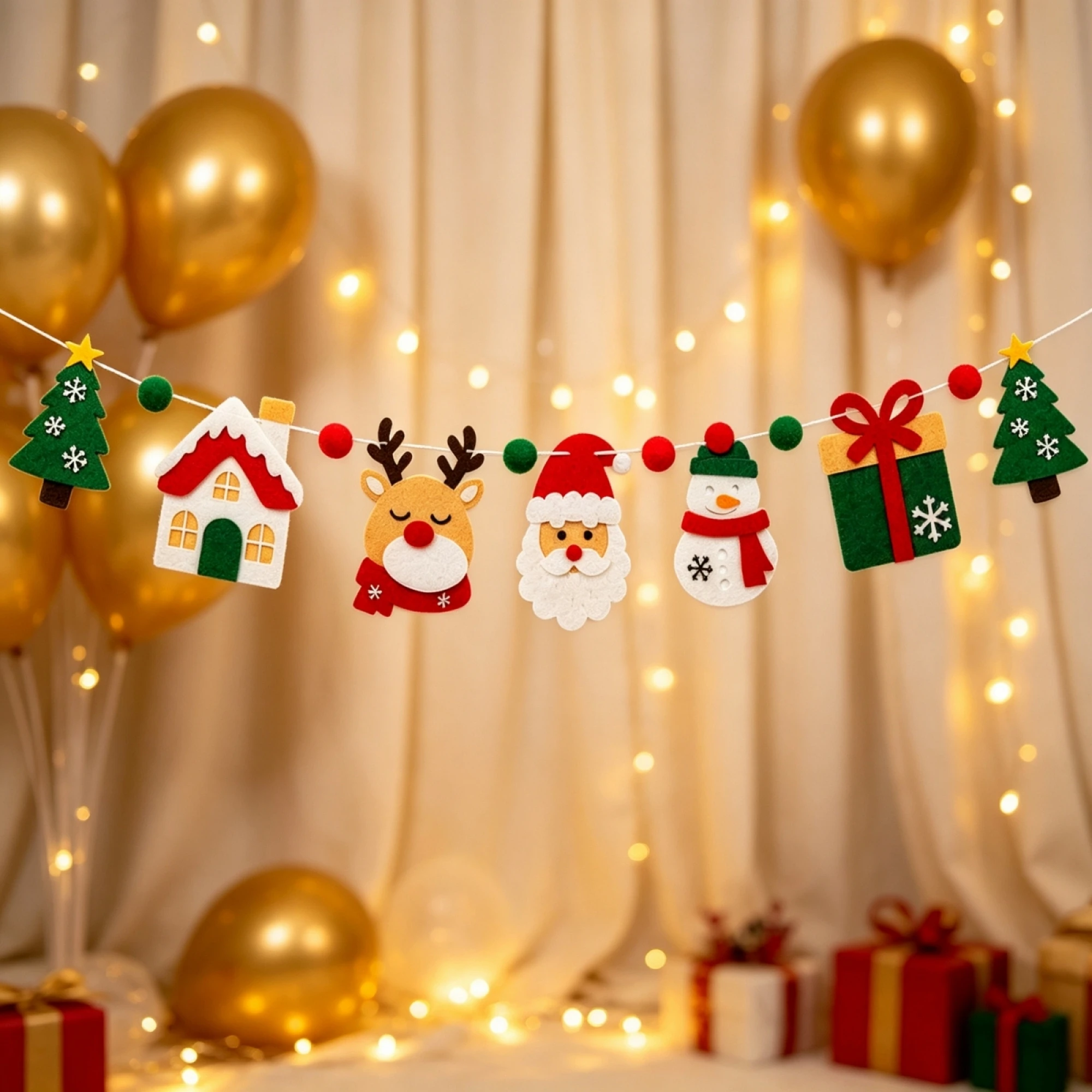 Christmas Felt Banner Santa Snowman Reindeer Pom Ball Garland Hanging Decor