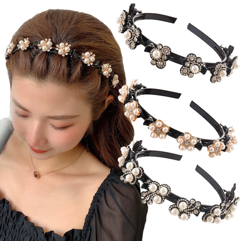 Pearl Flowers Hair Bands For Women Non-Slip Headband Rhinestones Hair Hoop Hairband Hairstyle Double Bangs Hair Accessories