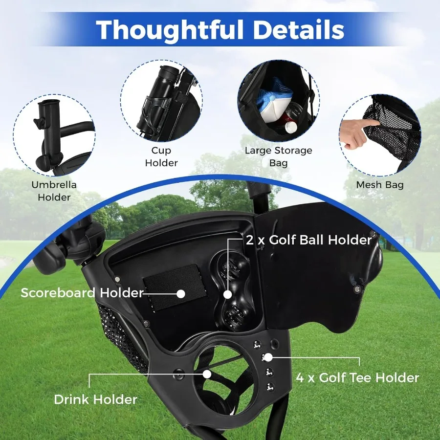 ULTIMATE 3 عجلة جولف دفع سحب عربة طوي خفيفة الوزن حقيبة جولف عربة ث/مقعد قابل للتعديل ومقبض حامل بطاقة النتائج مظلة