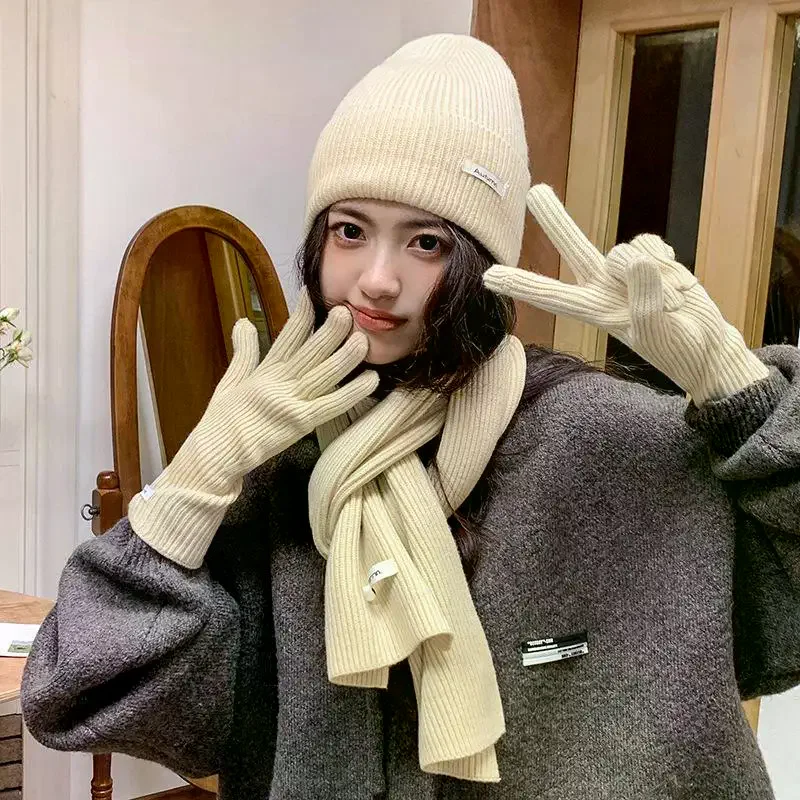 محبوك الشتاء وشاح امرأة بلون قبعة وشاح قفازات المرأة يندبروف الكبار ثلاث قطع مجموعة موضة المرأة وشاح طقم قبعات #3