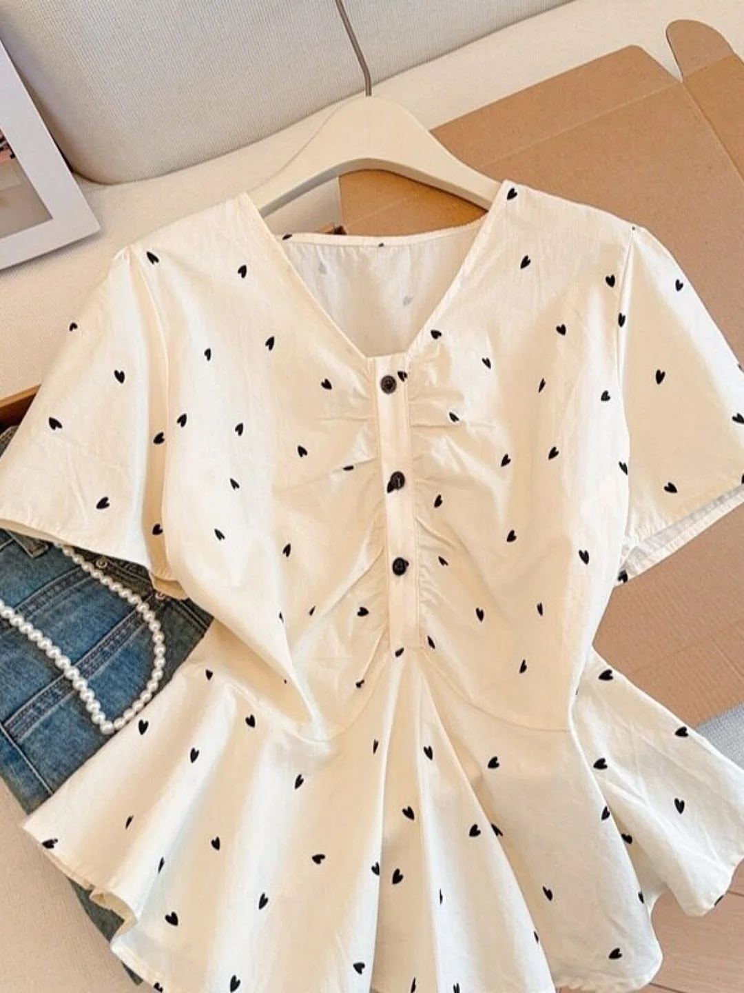 

French Style V-Neck Short Sleeve Doll Shirt Women's Summer New Design Waist Cinching Lace Trim Loose Fit Polyester Fiber