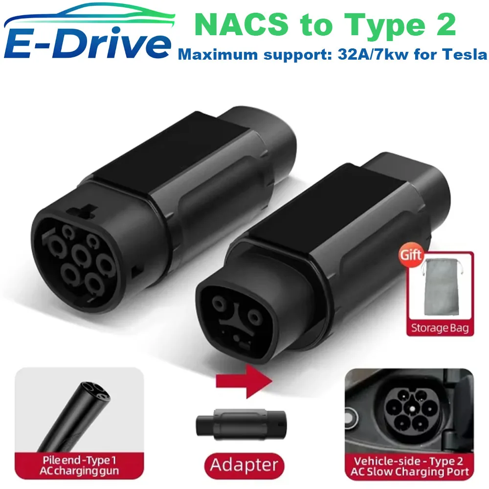 

32A 7KW Electric Vehicle EV Charger Adapter NACS to Type 1 J1772/Type 2 IEC62196/GBT20234 Compatible Tesla Charging Connector