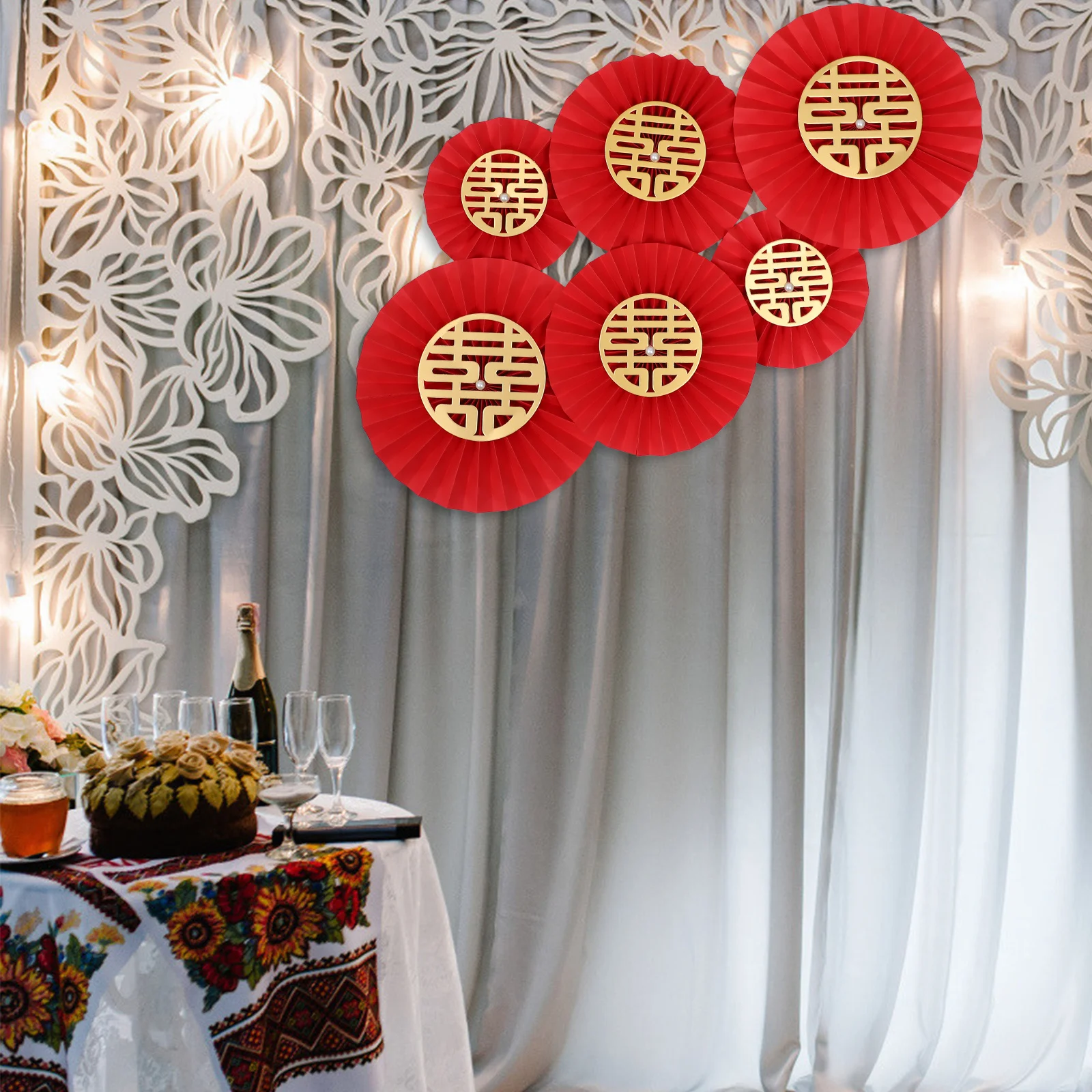

6 Pcs Ornament Paper Fan Flower Fans for Wedding Decorations Round Ceremony Chinese Hanging Red