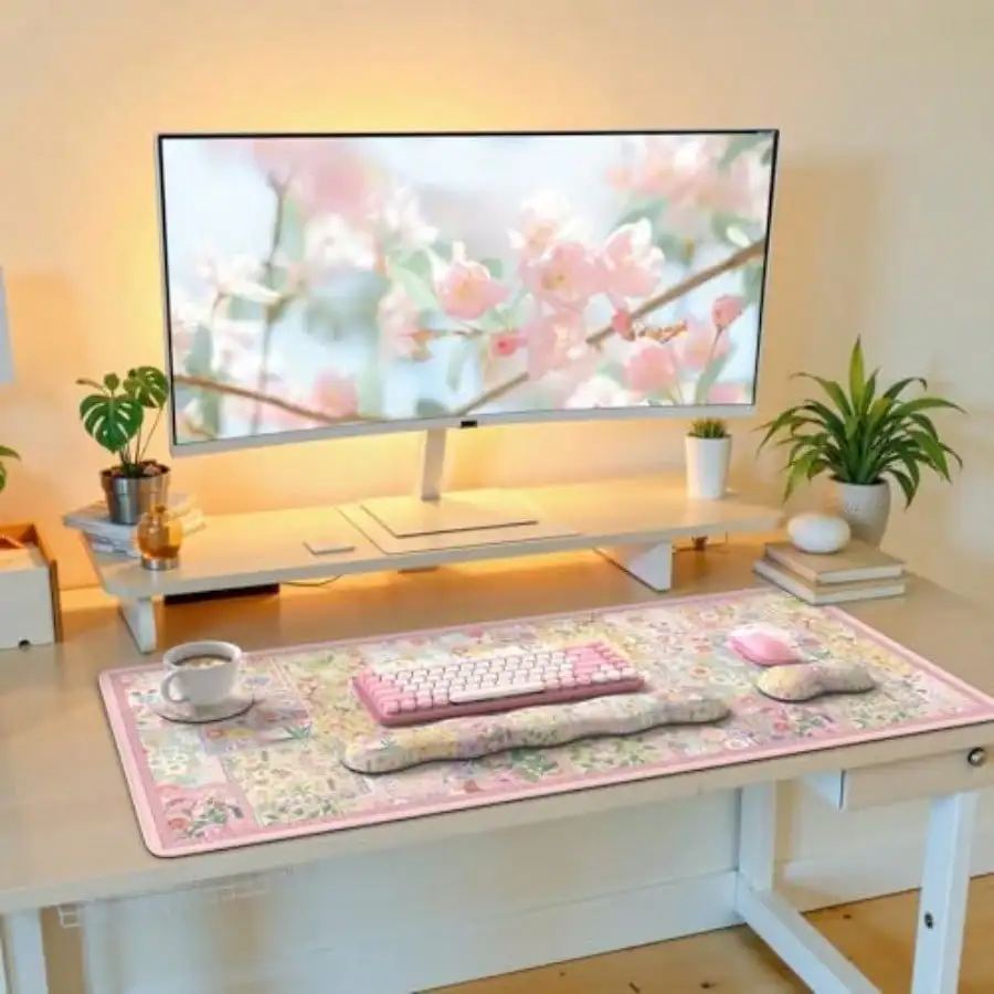 Cute Floral Desk Mat Set Non Slip Mouse Pad with Wrist Support Wrist Pad for Keyboard Desk Mat with Wrist Rest Ergonomic Mous
