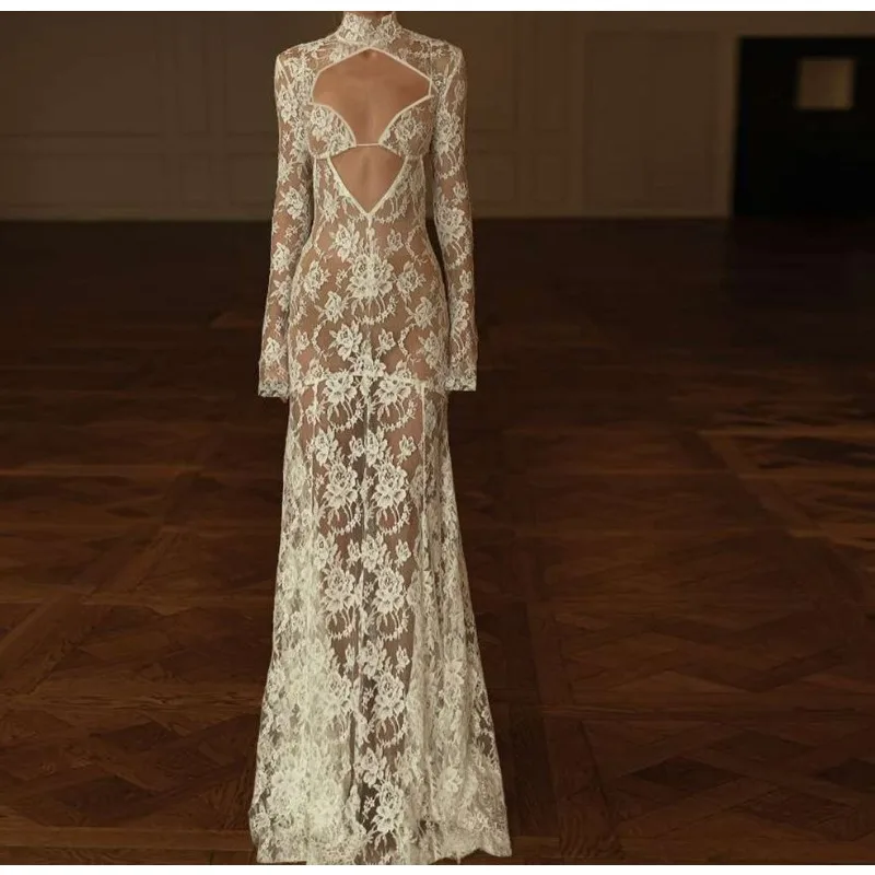 

French Sexy Rose Jacquard Lace Long Sleeve Cover-up Women's Openwork See-through Dress Set