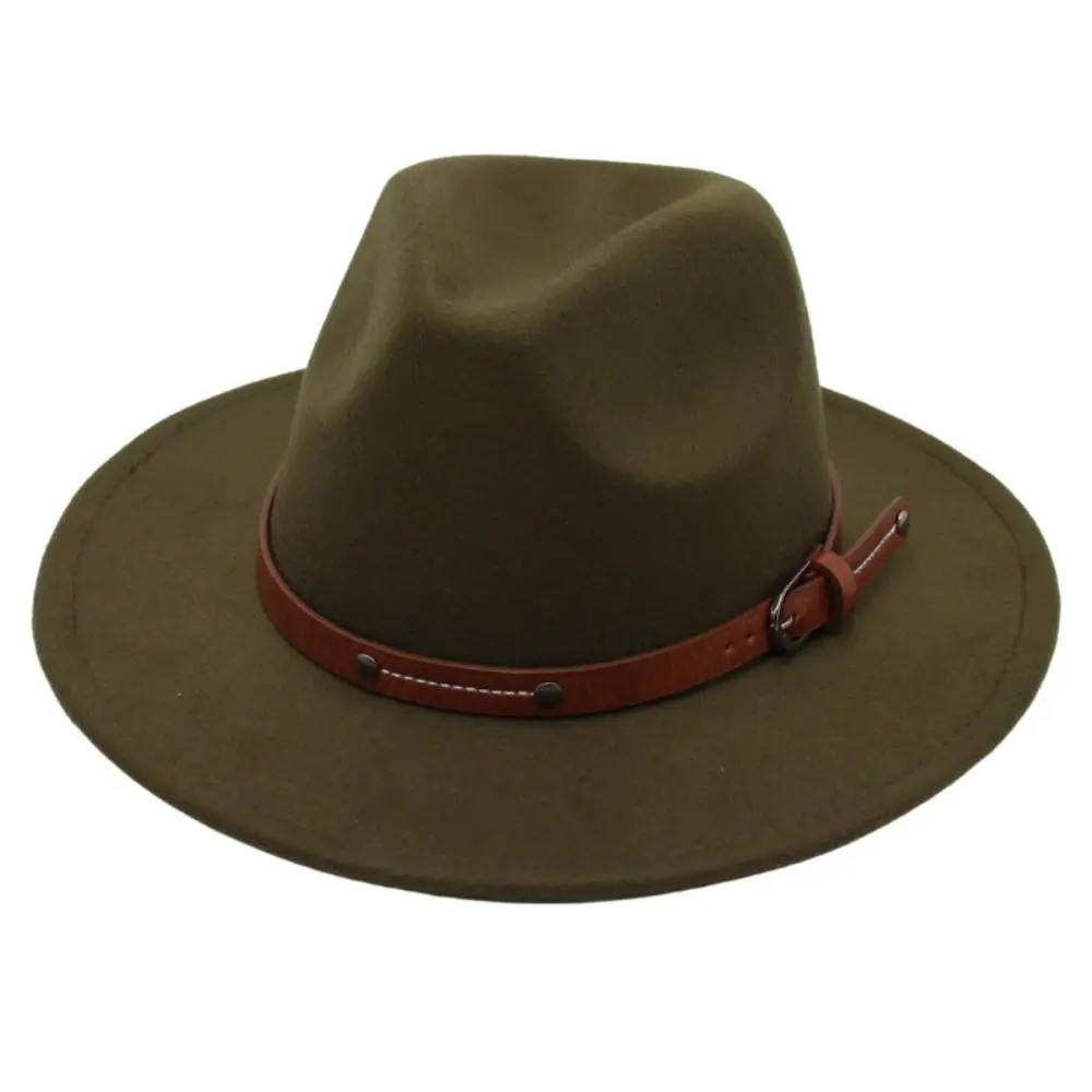 Fashion With Belt Buckle Felt Fedora Hats Vintage Soft Jazz Hat Elegant Wide Brim Panama Cap Men Women