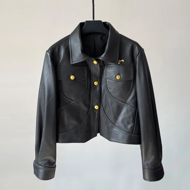 Black Real Leather Women Cropped Single-breasted Sheepskin Jacket 2025 Fall New Female Full Sleeve Motorcycle Leather Coats