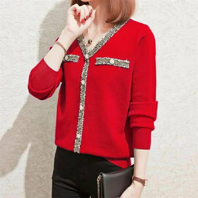 

Korean Women V Neck Loose Knitted Ladies Lazy Style Large Size 4XL Casual Knitting Spring Autumn Femme Fashion Patchwork Sweater