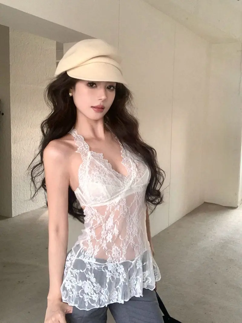 Y2k Summer s Camisoles Women Vintage Lace Sexy Halter V-neck Hot Girl Perspective Top Woman Korean Fashion Tee Shirt