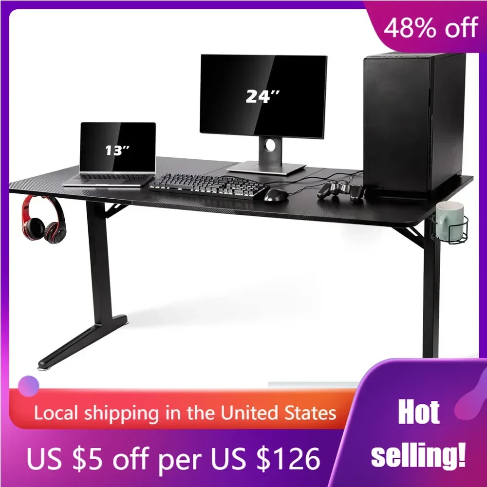 Gaming Desk Large Surface 63’’x31.5’’ with Cup Holder, Headphone Hook and Cable Management (Black)