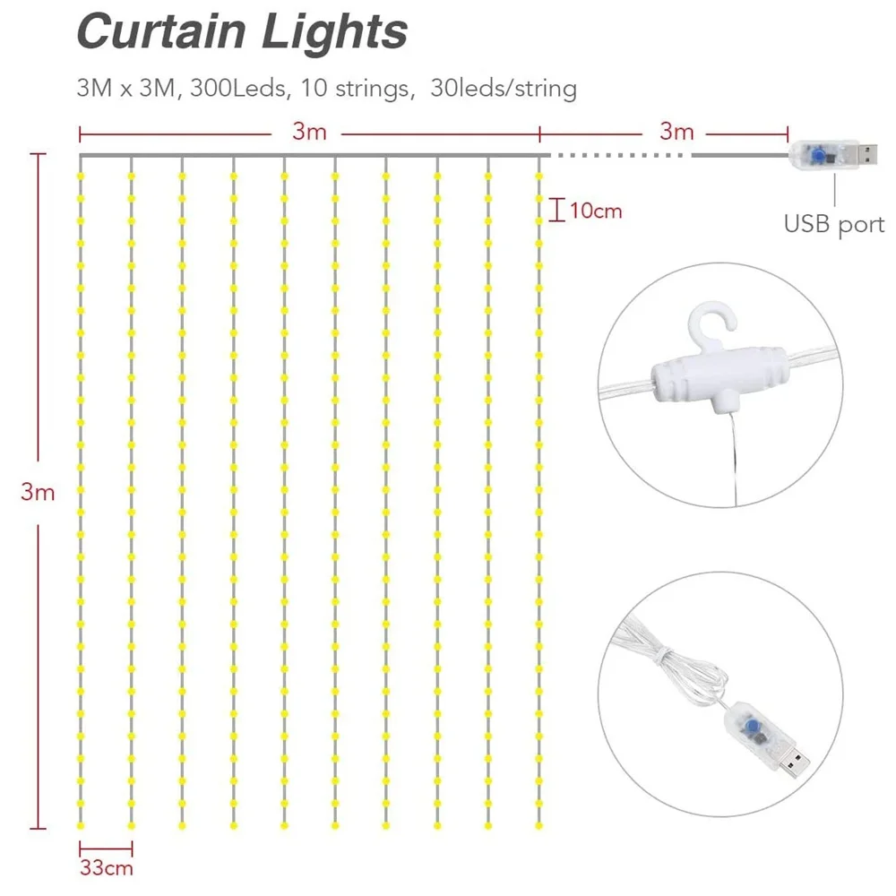 3 Meter LED Curtain Garland on The Window USB String Lights Fairy Festoon Remote Control Christmas Wedding Decorations for Home