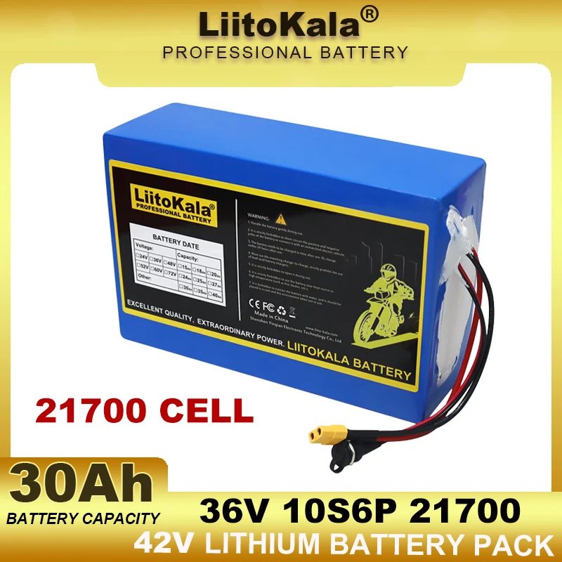 LiitoKala 36V 30Ah 10s6p 21700 akumulator litowy 42V 500w 800w 1000w 1200w 1500w akumulatory ogniwo wbudowane BMS